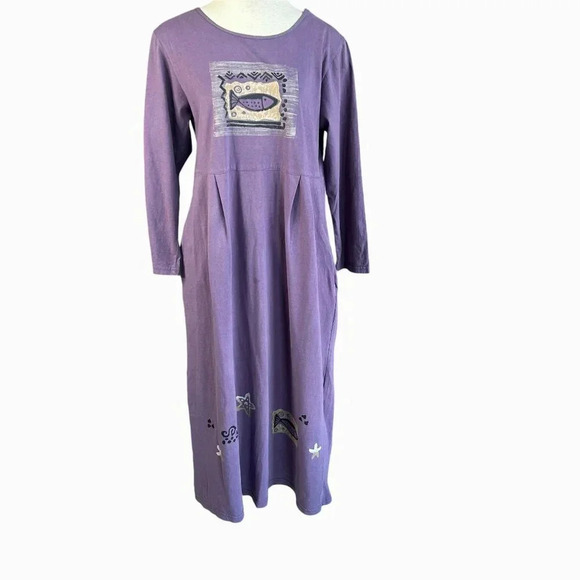Viva City Purple Dusty Lavender Casual Fish Print 100% Cotton Maxi Dress Size M - Picture 1 of 10